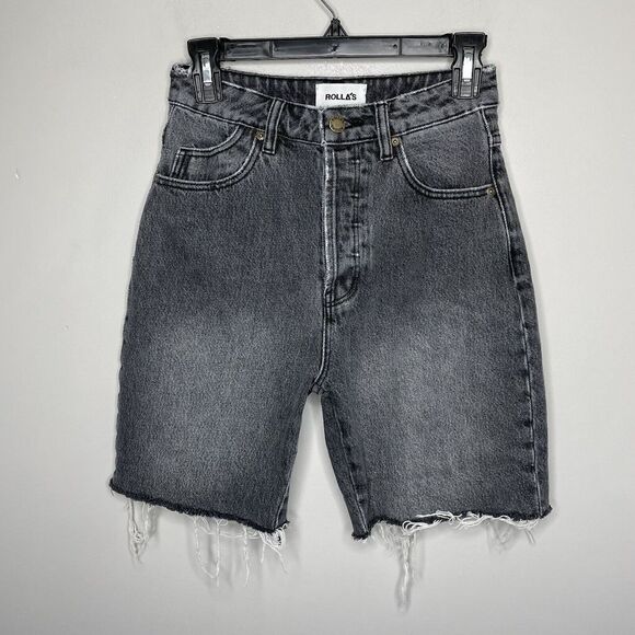 ROLLA'S Black Distressed Classic Cut-Off Denim Shorts High-Rise Button-Fly 24 - Picture 1 of 9